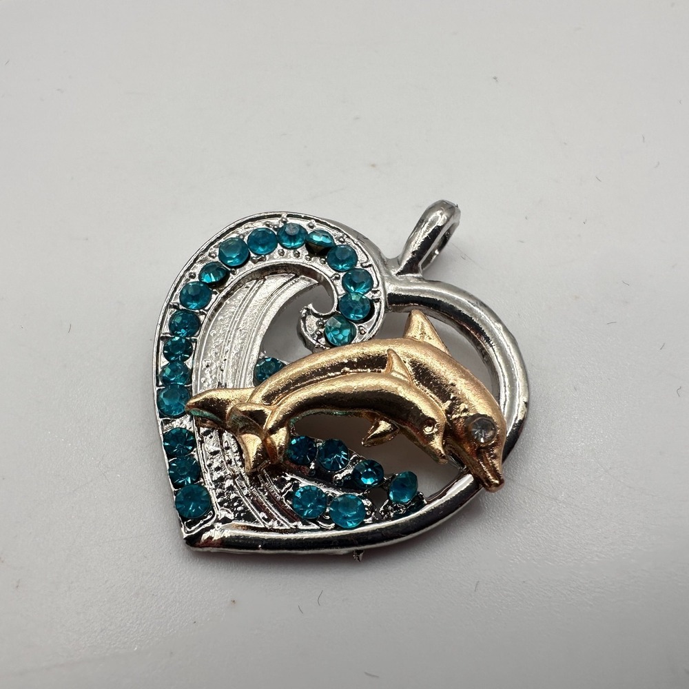 Vintage 90s Silver Dolphin Heart Pendant with Blue Rhinestone Jewelry